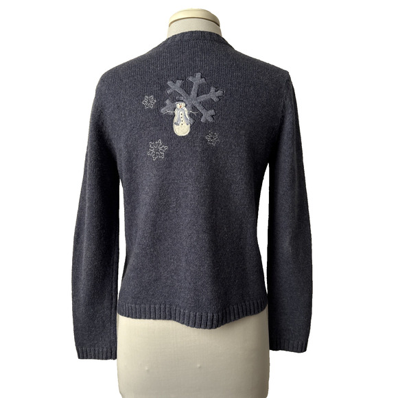 Women's Petite S Christmas Wool Blend Embroidered Snowmen Full Zip Cardigan Blue - Picture 3 of 10